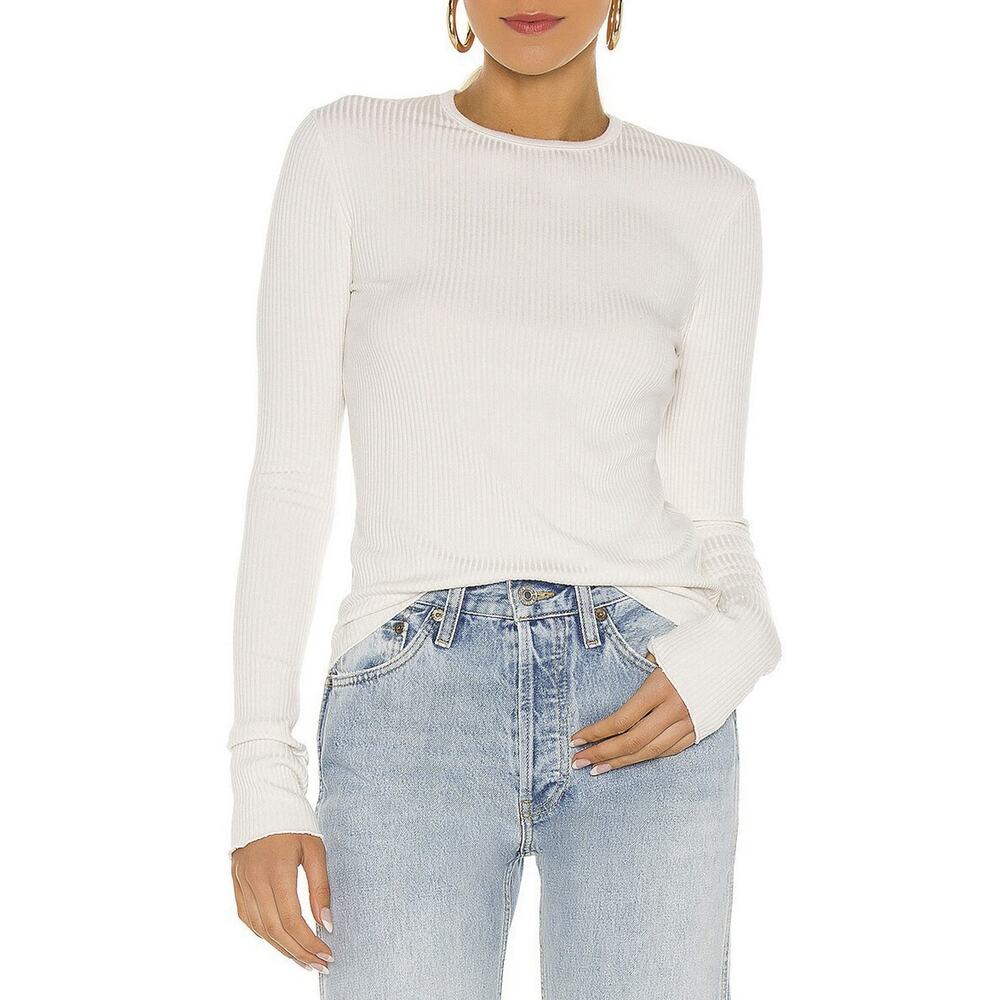 Re/Done 60's Ivory Ribbed Knit Slim Crew Neck Long Sleeve Shirt Top Size XS